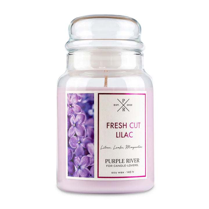 Fresh Cut Lilac Scented Candle in glass jar with cotton wick and lilac wax