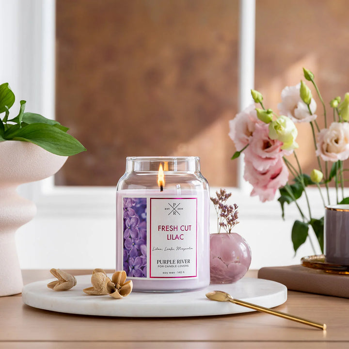Fresh Cut Lilac Scented Candle in glass jar with cotton wick and lilac wax