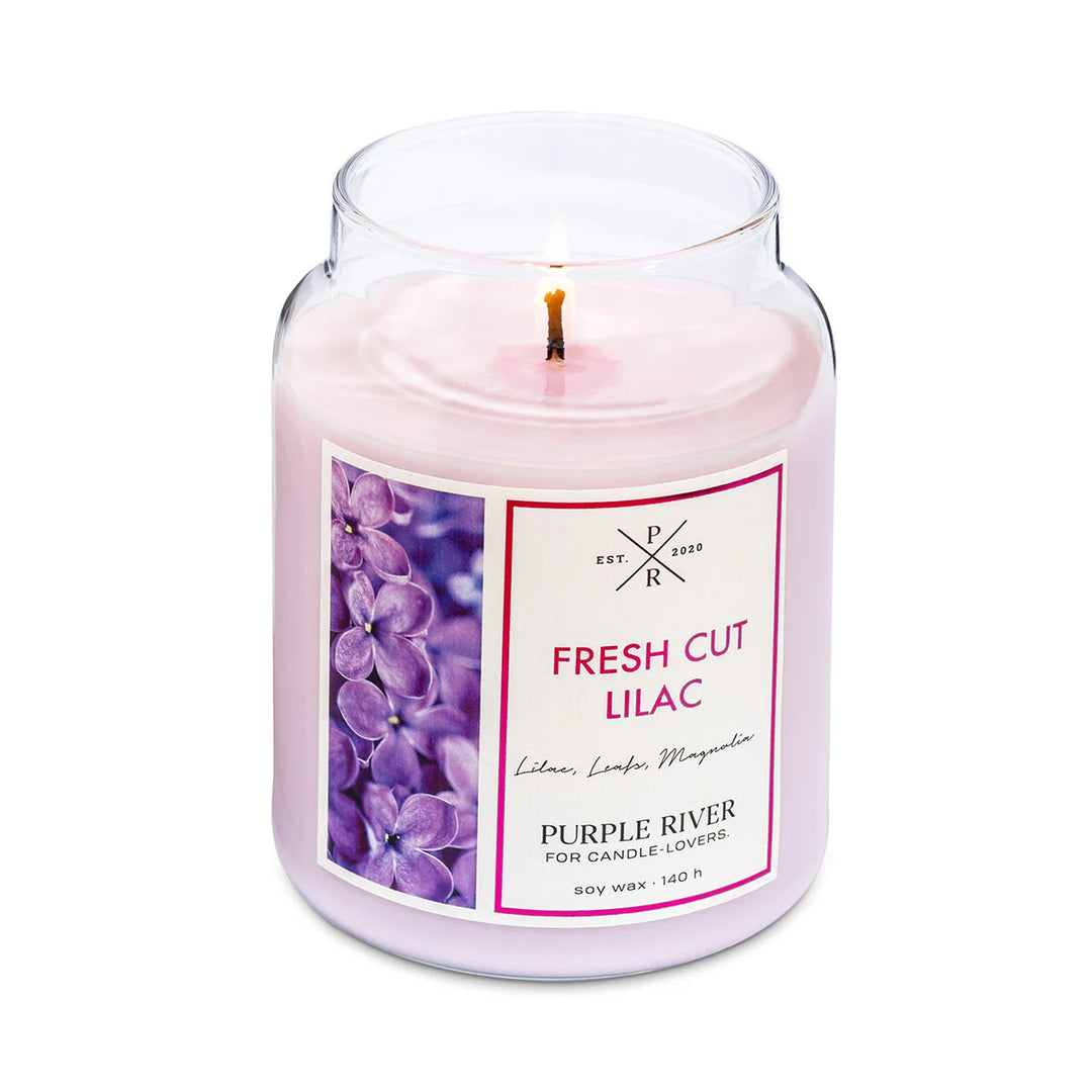 Fresh Cut Lilac Scented Candle in glass jar with cotton wick and lilac wax