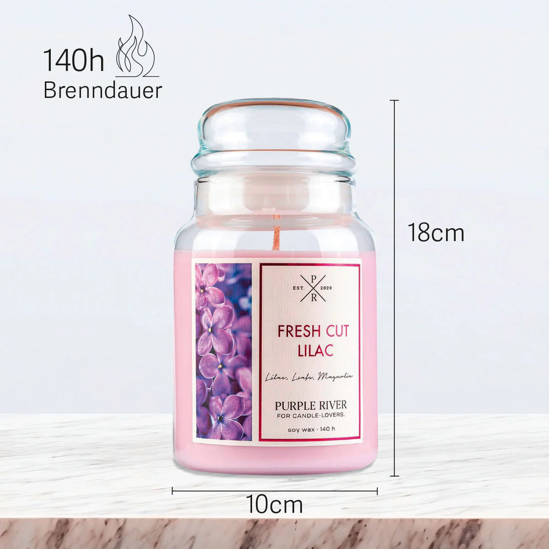 Fresh Cut Lilac Scented Candle in glass jar with cotton wick and lilac wax