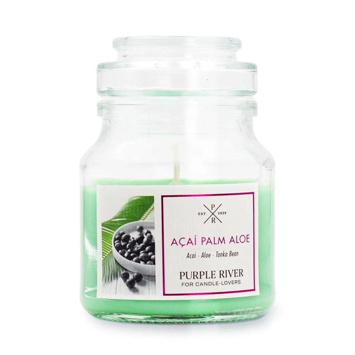 Acai Palm Aloe Scented Candle in glass jar with cotton wick and green wax