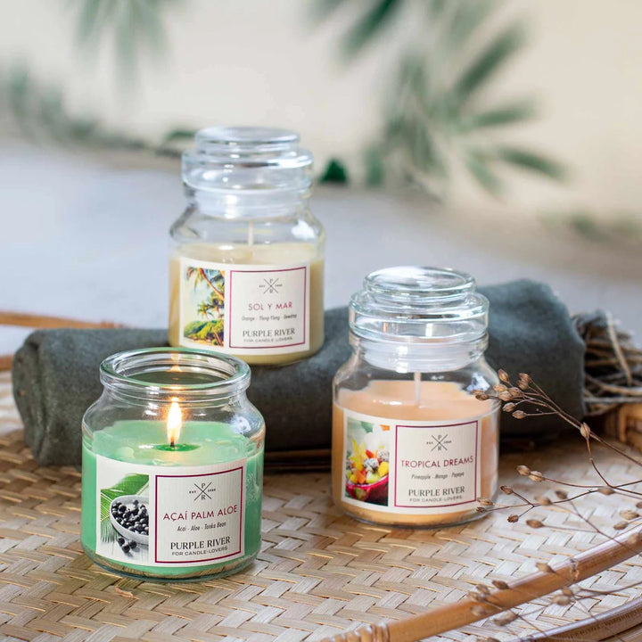 Acai Palm Aloe Scented Candle in glass jar with cotton wick and green wax