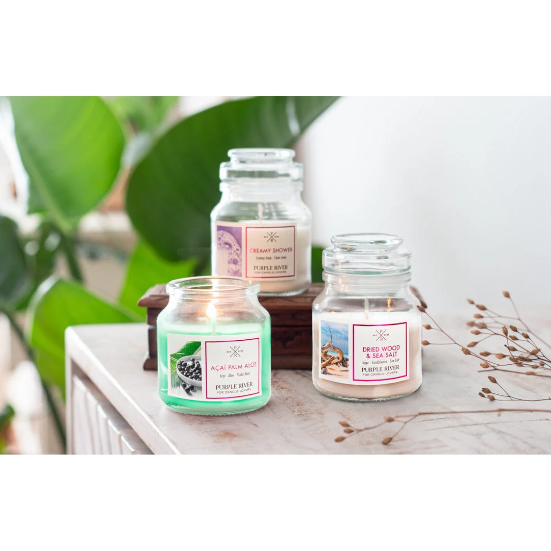 Acai Palm Aloe Scented Candle in glass jar with cotton wick and green wax