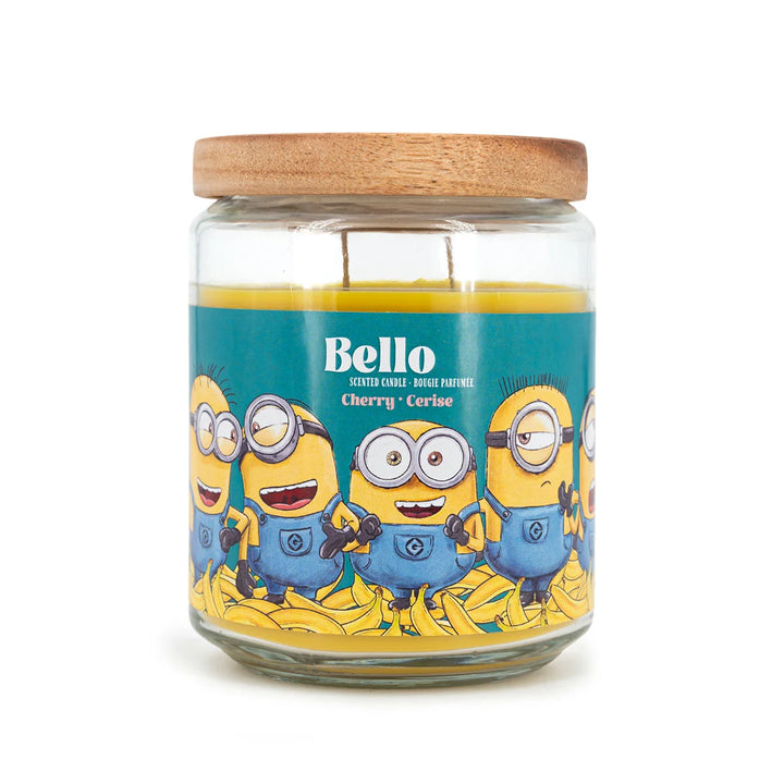 Scented Candle Minions Bello in glass jar with two cotton wicks and yellow wax