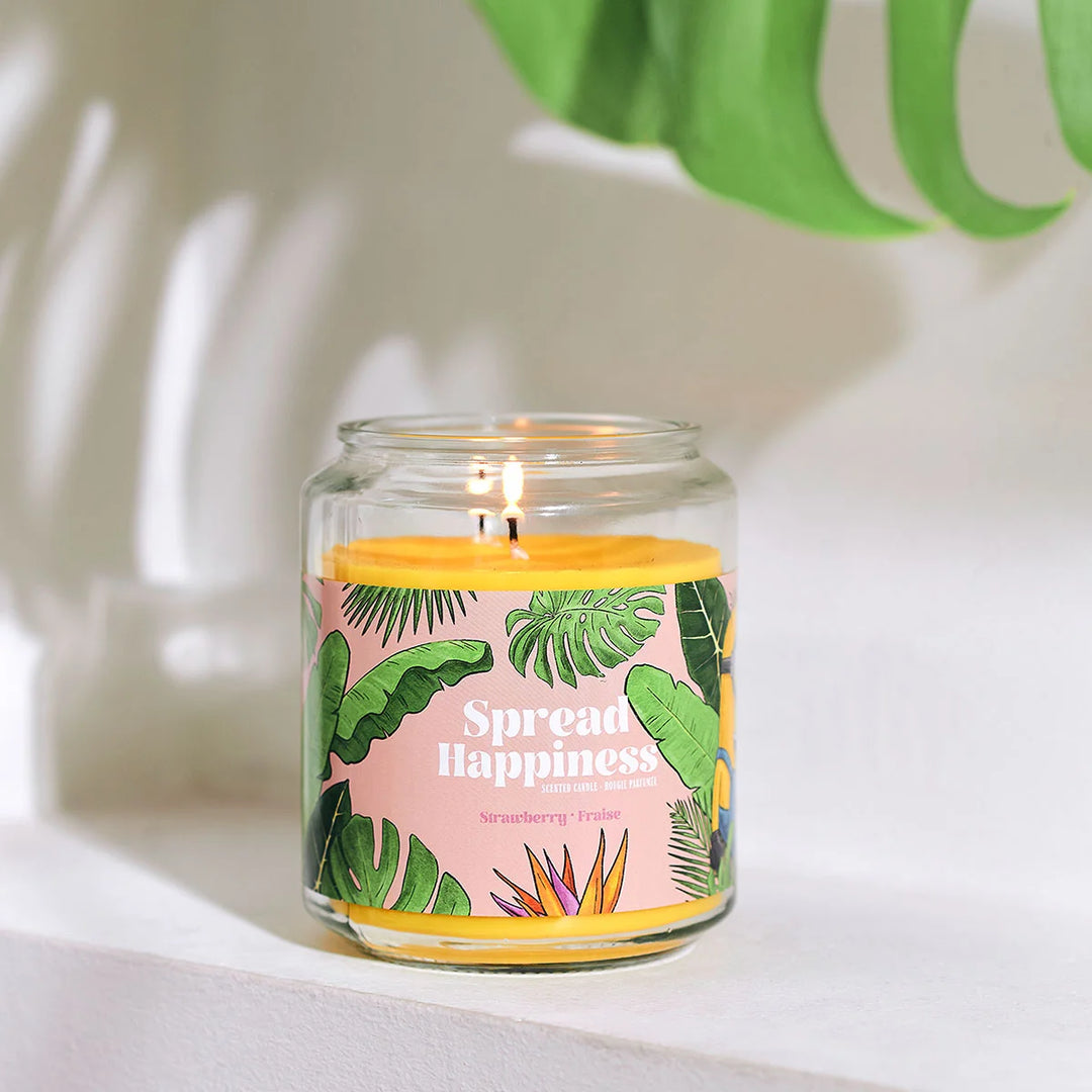 Scented Candle Minions Spread Hapiness  in glass jar with two cotton wicks and yellow wax