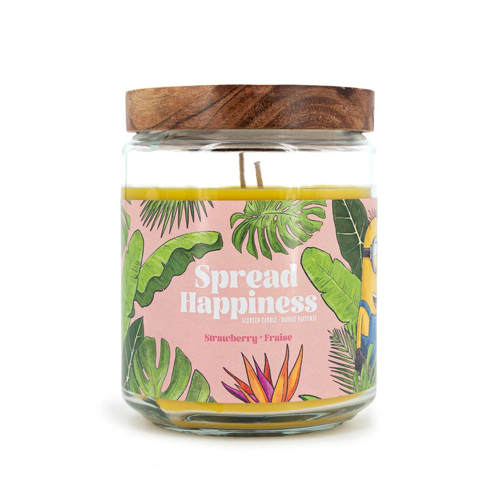 Scented Candle Minions Spread Hapiness  in glass jar with two cotton wicks and yellow wax
