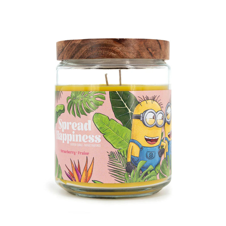 Scented Candle Minions Spread Hapiness  in glass jar with two cotton wicks and yellow wax