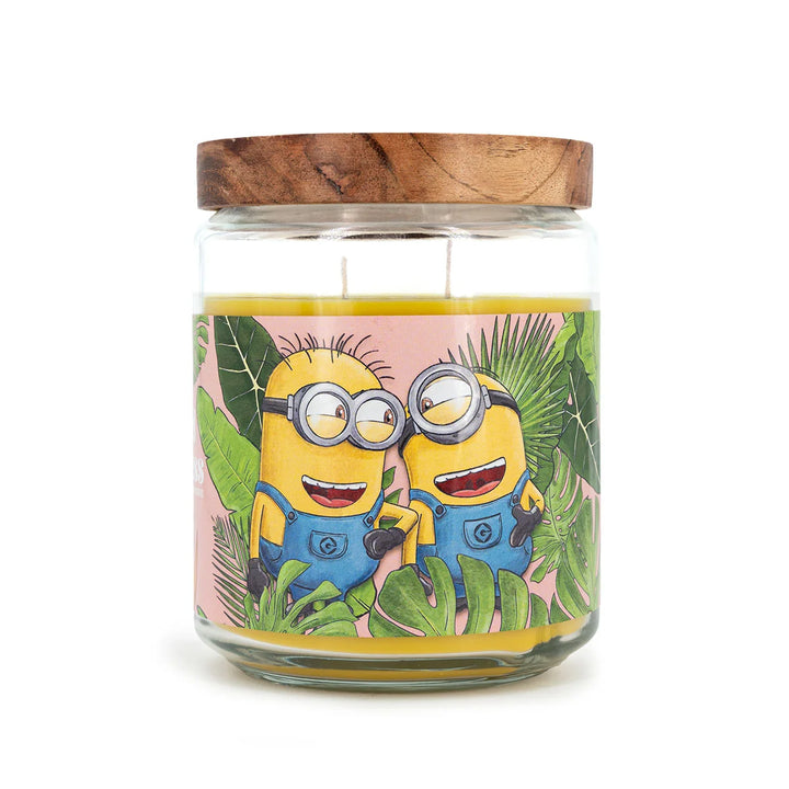 Scented Candle Minions Spread Hapiness  in glass jar with two cotton wicks and yellow wax