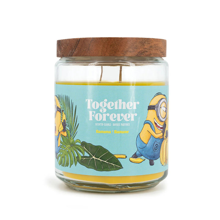 Scented Candle Minions Together Forever in glass jar with two cotton wicks and yellow wax