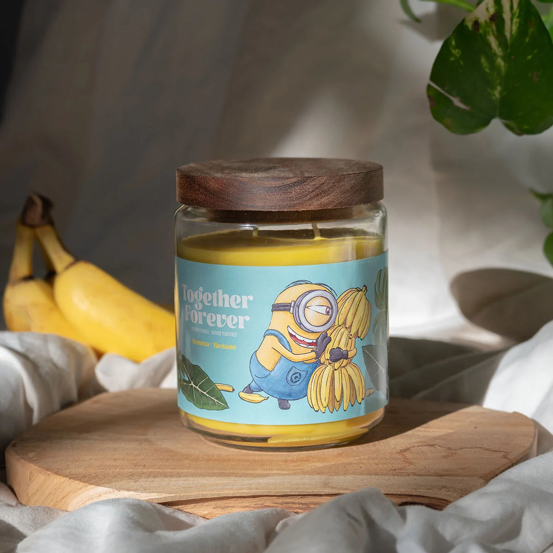 Scented Candle Minions Together Forever in glass jar with two cotton wicks and yellow wax