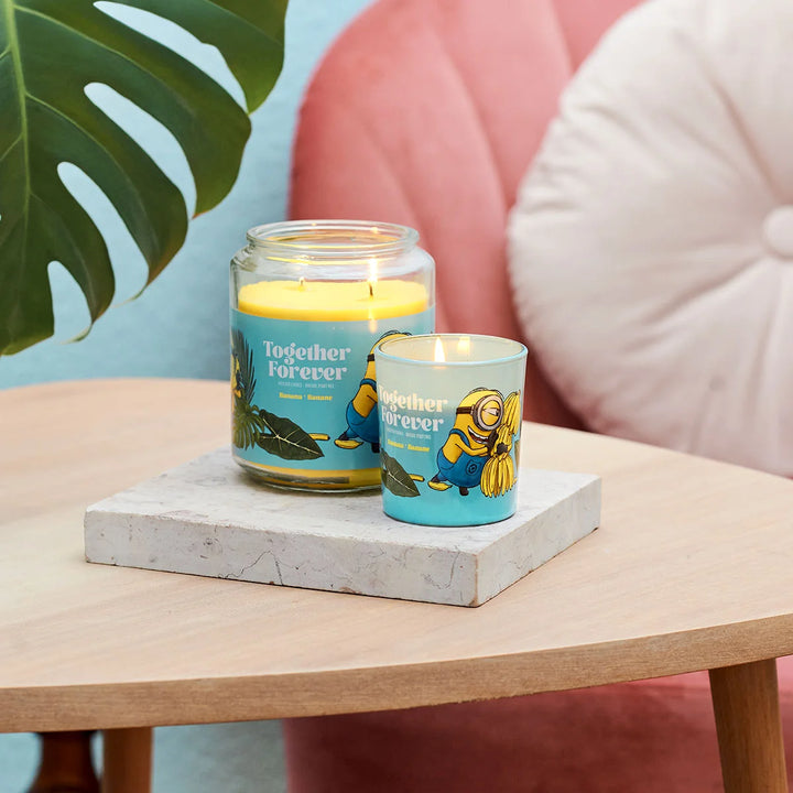 Scented Candle Minions Together Forever in glass jar with two cotton wicks and yellow wax