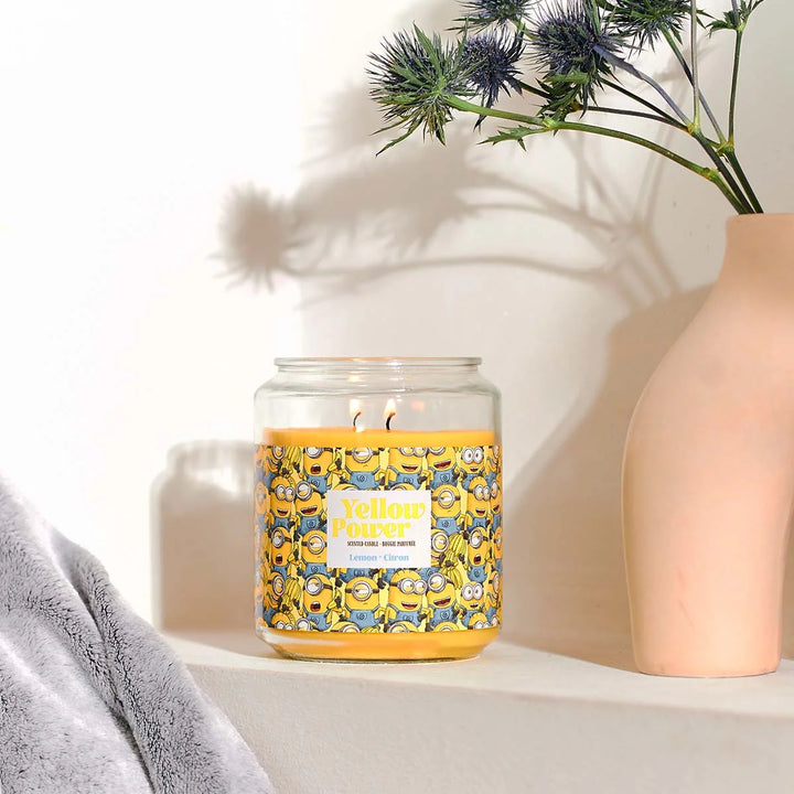 Scented Candle Minions Yellow Power  in glass jar with two cotton wicks and yellow wax