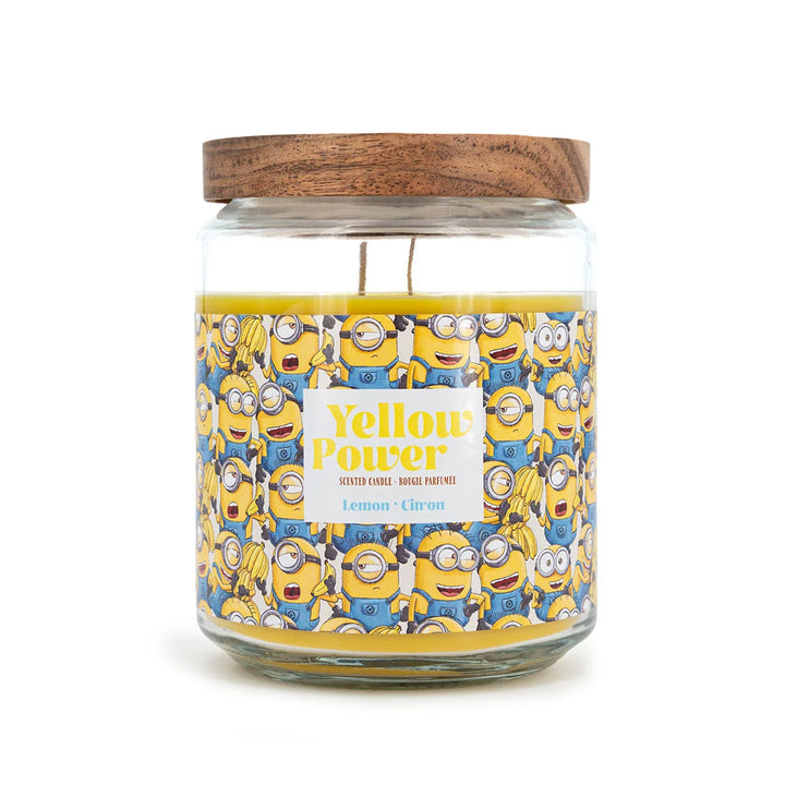Scented Candle Minions Yellow Power  in glass jar with two cotton wicks and yellow wax