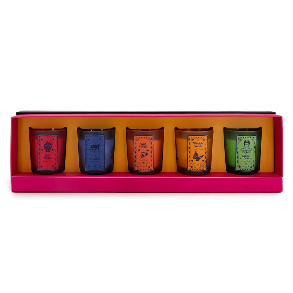 Frida Kahlo Garden of Scents candle gift set, elegant box with five colorful scented candles featuring unique fragrances and artistic designs inspired by Frida Kahlo.