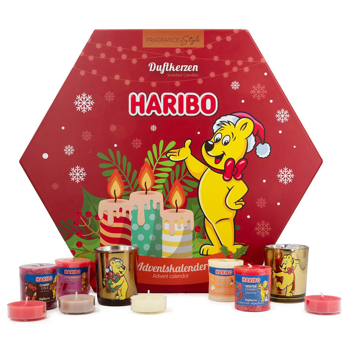 HARIBO Advent Calendar with scented candles – Christmas countdown calendar featuring various candle fragrances, festive packaging, and the iconic HARIBO bear design